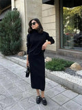 Yipinpay Knitted 2 Piece Outfit Set Casual Long Sleeve Sweater Top And Pencil Long Skirts Elegant Autumn Two Piece Sweater Sets