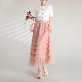Yipinpay Solid Color Cake Long Skirt Mesh Puffy Women Sexy Korean Floor Length Party Skirts Loose Elastic Female Ball Gown Summer