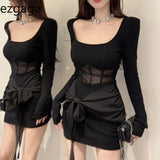 Yipinpay Woman Dress Sexy Mesh Patchwork Long Sleeve Square Collar Slim Stretch Black Elegant Dresses Party Female Stylish