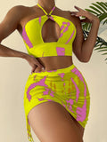 Yipinpay Pieces Women Swimsuit Wrap Halter Bikini High Waist Bikini Set Print Female Swimwear Cover Ups Mesh Bathing Suit Beachwear