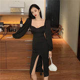 Yipinpay Vintage Dresses Women Puff Long Sleeve Square Collar Autumn Fashion Backless Split Slim Sexy Dress Elegant Party Ladies