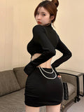 Yipinpay Hollow Out Sexy Dresses Women Chain Backless Long Sleeve Half High Collar Black Slim Stretch Elegant Party Dress Ladies