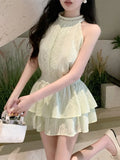 Yipinpay Two Piece Set Women Sleeveless Blouse Embroidery Lace Tank Tops Sexy Sweet Camis Ruffles Mini Skirts Female Elegant Suits
