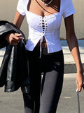 yipinpay T-Shirt Tie Up Top Women Short Sleeve T-Shirts Sexy Outfits Square Collar Tees Streetwear Summer Clothes White Crop Top