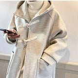 Yipinpay Men Coats Women Solid Hooded Long Jacket with Cowhorn 2023 New Korean Casual Loose Coat Fashion Male Clothing for Unisex