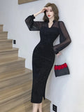 Yipinpay Sexy Dresses Women Mesh Patchwork Lantern Long Sleeve Sequins Slim French Style Chic Autumn Fashion Ladies Party