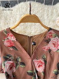 Yipinpay French Retro Long Dress Short Ruffles Sleeves V Neck Floral Print Drawstring Split Zipper Women Slim Bodycon Dress