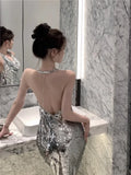 Yipinpay Sleeveless Party Dress Woman Backless Swinging Collar Halter Bling Mermaid Dresses Sexy Ladies Elegant Temperament