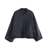 Yipinpay 2024 Women Oversize Crop Bomber Jacket Coat Vintage Puff Sleeve Zipper Female Short Outerwear Chic Tops