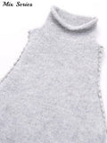 Yipinpay Diamond Turtleneck Vest Women's Grey Sleeveless Pullover Sweater Vest 2024 Spring Fashion Ladies Crop Tops Streetwear