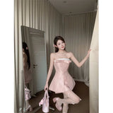 Yipinpay Hot Girl Suit Women's Autumn Pure Sexy Pink Strapless Bow Top High Waist Mini Skirt Two-piece Set Fashion Female Clothes