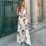 Yipinpay 2023 Print Backless Dress Woman Ruched Halter Long Dress Women Off Shoulder Midi Summer Dresses Sexy Beach Party Dresses