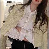 Yipinpay Spring 2023 New Diamond Top Beaded Bubble Sleeves Blouse Roupas Femininas Rhinestone White Shirt Blusas Mujer Loose
