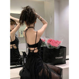 yipinpay Summer Women's Black Dress Lace Fashion Gauze Skirt Puffy Party Dress Backless Prom French Vintage Long Dresses for Women