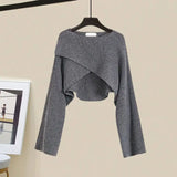 Yipinpay Women's Autumn Winter New Knitted Sweater Dress Matching Set Korean Elegant Short Pullover Strap Skirt Two Piece Female Clothing