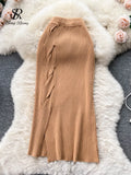 Yipinpay Women Solid OL Knitted Skirt 2024 Temperament High Waist Cross Design Fashion Bodycon Winter Midi Long Sweater Skirt