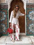 Yipinpay Cartoon Cray Print Long Pants Sets Women's Summer Lace Up Short Sleeve Shirts Wide Leg Pants 2 Piece Sets Lady Outfits