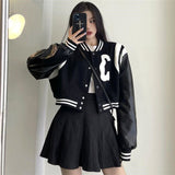 Yipinpay Black Baseball Jacket Women Autumn College Leather Patchwork Gothic Long Sleeve Loose Cropped Jacket Korean Streetwear