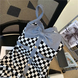 Yipinpay Black White Checkerboard Coat Short Cardigan Casual 2Piece Sets Retro Bow Spaghetti Strap Plaid Dress Bodycon Outfits