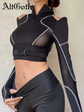 Yipinpay Emo Alt Mall Goth T-shirt Women Streetwear Harajuku Cyberpunk Sexy Hollow Out Patchwork Long Sleeve Tee Tops Techwear