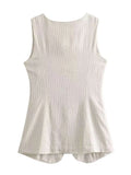 Yipinpay Linen Stripe Vests Women's 2024 Elegant O-neck Sleeveless Waistcoat Female Casual Single Breasted Pockets Lady Chic Tops
