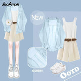 Yipinpay Women's Tracksuit Suit 2024 Summer New Casual Sunscreen Shirt Top Vest Shorts Three Piece Korean Chic Blouse Pants Matching Set