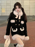 Yipinpay Winter Kawaii Faux Fur Clothing Suit Woman Warm Elegant Coat + Slim Y2k Mini Skirt Outwear Korean Fashion Sets Office Lady