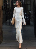 Yipinpay Backless Satin Fashion Maxi Dress For Women Elegant Solid Slim Patchwork Long Sleeve Autumn 2024 Female Gown Long Dress