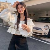 Yipinpay Off Shoulder Blouse Women Slash Neck Ruffles Crop Tops Drawstring Criss Cross V Neck Butterfly Sleeve Chic Ladies Shirts