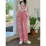 Yipinpay Waist Pink Women Jeans Clothing All-match Vintage Korean Fashion Streetwear Spring Autumn Wide Leg Denim Trousers Female