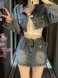 Yipinpay Denim Suit Woman Slim Casual Short Cardigan + Sexy Bodycon Y2k Mini Skirt Elegant Korean Fashion Set 2024 Spring Chic
