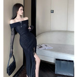 Yipinpay Woman Dress Sexy Slash Neck Long Sleeve Off Shoulder Autumn French Style Chic Split Slim Stretch Ruffles Elegant Dresses