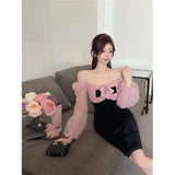 Yipinpay Hot Girl Slim Dress Women's Autumn Pearl Chain Slash Neck Long-sleeved Knee Length Wrap Hip Dress Fashion Female Clothes