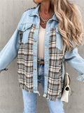 Yipinpay Oversized Plaid Patchwork Denim Jackets Women Casual Ripped Long Sleeve Lapel Neck Buttons Outerwear Spring Fall Coats