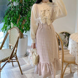 Yipinpay Kawaii Woolen Pink Plaid Mermaid Skirt Women Autumn Japanese Sweet Elegant High Waist Slim Strap Long Skirts Soft Girl