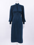 Yipinpay Turtleneck Elegant Women Office Dresses Satin Lace-Up Drape Dress Flowing Vintage Navy Midi Dress Office Ladies 2023