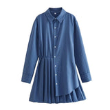 Yipinpay Blue Shirt Dress Woman Striped Pleated Short Dresses For Women Long Sleeve Casual Summer Women's Dresses Button Mini Dress