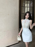 Yipinpay Spicy Girl Lace Stitching Dress Women Summer White Temperament Waist Sleeveless Wrap Hip Short Dress Fashion Lady Clothes