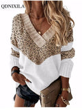 Yipinpay Autumn Winter V-neck Women's Pullover Leopard Striped Vintage Long Sleeve Knit Top Korean Fashion Pink Women Sweater Jersey