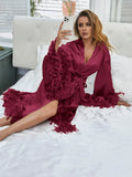 Yipinpay Women Feather Patchwork Trim Bathrobe Nightwear Solid Color Casual Soft Long Sleeve Robe Sleepwear Ladies Loungewear