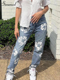 Yipinpay Simenual Hipster Flowers Printed Cotton Jeans Woman Mid Waist Buttons Zipper Long Pants Fall Y2k Streetwear Going Out Trousers