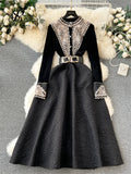 Yipinpay French Retro Dress Fashion High Quality Embroidery Velvet Long Sleeves Women Elegant Belt Design A Line Court Dress