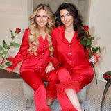 Yipinpay 2 Pcs Women Solid Color Outfits Adults Furry Long Sleeve Tailored Collar Blazer + Straight-Leg Suit Pants Street Style