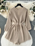 Yipinpay Korean Style Casual Bodysuits O Neck Long Sleeves Hollow Out Backless Drawstring Elastic Waist Women Shorts Jumpsuits