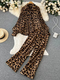 Yipinpay Leopard Vinage Casual Autumn Suits Loose Folds Lapel Blouse Tops+Wide Leg Long Pants Streetwear Women Two Pieces Suits
