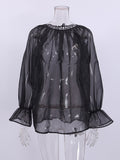 Yipinpay Transparent Organza Blouse Women Party Puff Sleeve Tops Summer See Through Tops Vacation Female Lace-Up Loose Blouse