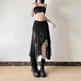 Yipinpay Spicy Girl Style Light and Thin Split Mesh Irregular Skirt for Women High Waist Slim Versatile Mid Length y2k Skirt