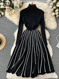 Yipinpay Turtleneck Striped Pleated Knitted Dress Long Sleeve Thick Elastic Warm Dress Women Winter Vinage Chic Sweater Dress