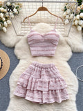 Yipinpay Sweet Ruched Two Pieces Sets V Neck Strap Crop Tops+Short Pleated Skirt Women Korean Style Chic Summer Beachwear Suits
