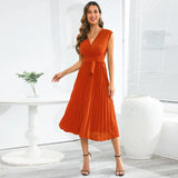 Yipinpay European and American Summer Sleeveless V-neck Lace-up Fashion Slim Temperament Pleated Dress